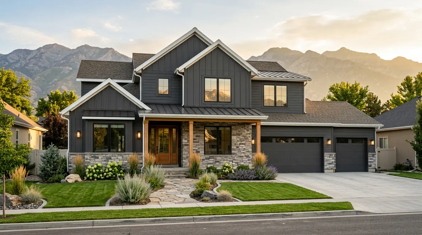 Salt Lake City home with charcoal board and batten siding and a stacked stone entry, mountains behind