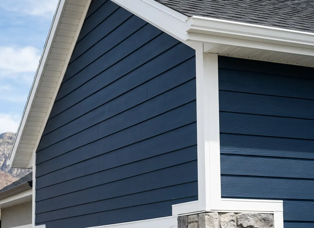 Navy lap siding, white corner trim