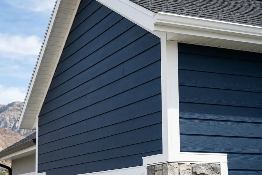 Close-up of navy lap siding with crisp white corner trim