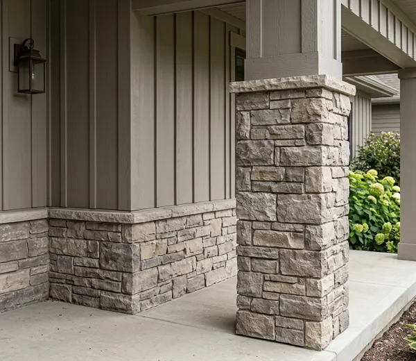 Stacked stone veneer on porch columns